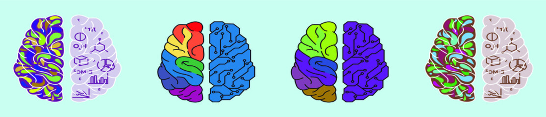 set of human brain creativity concept cartoon icon design template with various models. vector illustration isolated on blue background