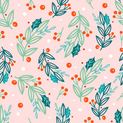 Christmas seamless pattern on pink background with Poinsettia flowers, pine branches and berries. background.