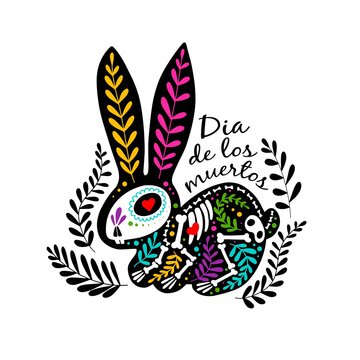 Vector colorful postcard. Dia de los Muertos, Day of the dead or Halloween concept. Rabbit skeleton with floral design, isolated on white background
