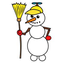 Funny snowman with a hat and a broom. Vector illustration on a white isolated background.