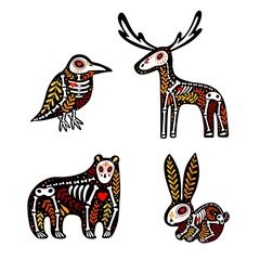 Vector colorful set of stickers. Dia de los Muertos, Day of the dead or Halloween concept. Raven, moose, bear and rabbit skeletons with floral design, isolated on white background