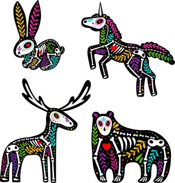 Vector colorful set of stickers. Dia de los Muertos, Day of the dead or Halloween concept. Unicorn, moose, bear and rabbit skeletons with floral design, isolated on white background