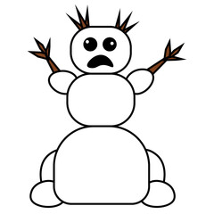 Funny and crazy snowman. Vector illustration on a white isolated background.
