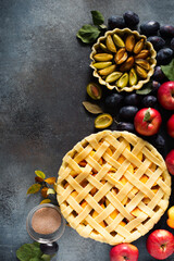 Autumn and summer pie with apple and plum on dark  background