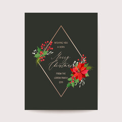 Christmas Greeting Poinsettia Flower card, Calligraphic Vector Design Illustration, Xmas Winter Season Template