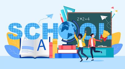School concept with children running against the background of books, a globe and a blackboard. Flat vector illustration