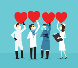 Group of doctor and nurse hands holding and giving red hearts