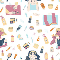 Background with cosmetics for skin in colorful bottles, tubes, jars. Vector Illustration hand drawing doodle style.