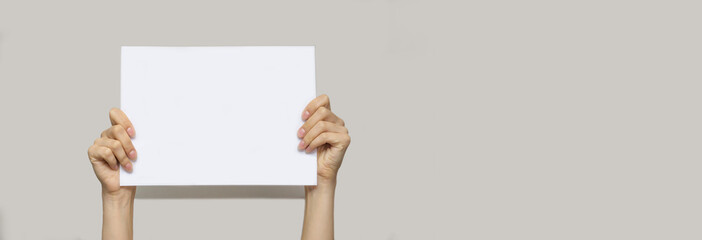 White female European hands hold a blank sheet of white paper, a protest sign, on an isolated gray background. The concept of slogans, the fight against racism. Copy of the space, banner