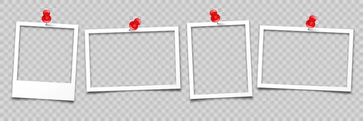 Foto op Plexiglas Realistic empty photo card frame, film set. Retro vintage photograph with push pin. Digital snapshot image. Template or mockup for design. Vector illustration. © 32 pixels