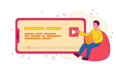 A man listeninig to an audiobook using his smartphone. Colored vector illustration