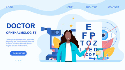 Female ophthalmologist pointing with a pointer to eye chart. Web page template. Flat vector illustration.