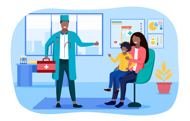 A woman with a child at a pediatricians appointment. Flat vector illustration