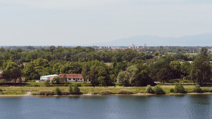 Fototapeta na wymiar Rheinlandschaft - Breisach am Rhein - Blick auf Rhein im Hintergrund volgelsheim in Frankreich