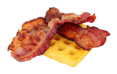 Streaky smoked bacon rashers on a grilled potato waffle isolated on a white background