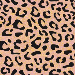 Seamless leopard pattern design, animal pink and black tile print background with gold dust vector illustration