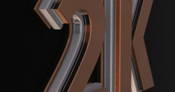2K, 2000. Modern 3D Promotion Intro. Gold Metal Text Logo for Social Media. Black Background