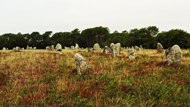 Aerial view of Kerlescan stones. The Carnac stones are the largest collection of megalithic standing stones in the world. Kerlescan is one of the many sites around Carnac with this standing neolithic 