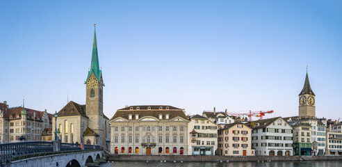 Fototapeta premium Panorama view of Zurich city skyline with view of Fraumunster church in Switzerland