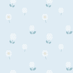 Cute dandelions and white clovers floral background seamless pattern. Hand drawn white flower petals on blue background. Great for women and girls fashion fabric, textile, wrapping paper, scrapbooking