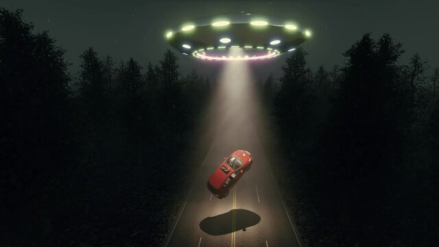 UFO red car Countryside landscape night 4k