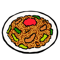 Illustration of Yakisoba: Illustration like woodblock print