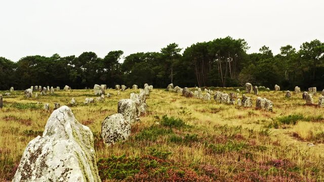 Aerial view of Kerlescan stones. The Carnac stones are the largest collection of megalithic standing stones in the world. Kerlescan is one of the many sites around Carnac with this standing neolithic 