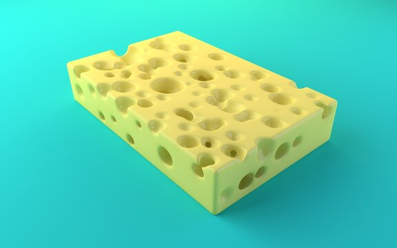 Cheese with big holes on turquoise background - realistic 3D render