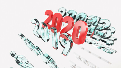 Red year 2020 among past and future dates, 3D render