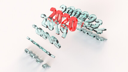 Red year 2020 among past and future dates, 3D render
