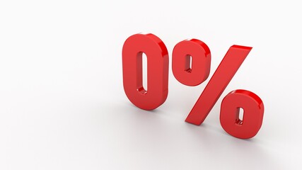 Red 0% percentage on white background, 3D render
