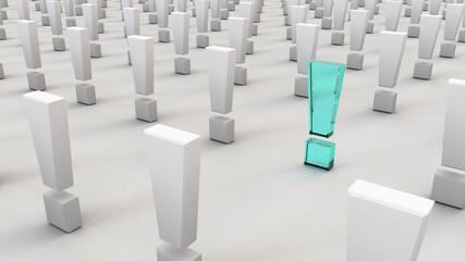 Glass exclamation mark among other white ones, 3D render