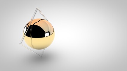 Elegant gold sphere with glass frame, 3D rendering illustration