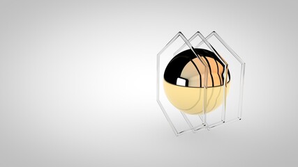 Elegant gold sphere with glass frames, 3D rendering illustration