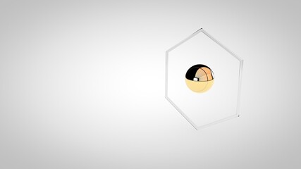 Elegant gold sphere with glass hexagon frame, 3D rendering illustration