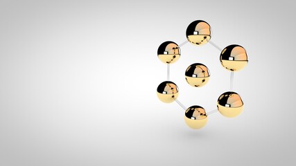Elegant gold spheres with glass frame, 3D rendering illustration