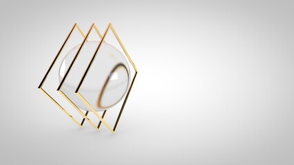 Elegant glass sphere with gold frames, 3D rendering illustration