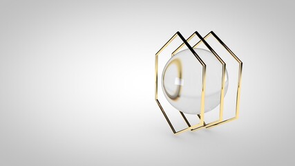 Elegant glass sphere with gold hexagon frames, 3D rendering illustration