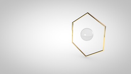 Elegant glass sphere with gold hexagon frame, 3D rendering illustration