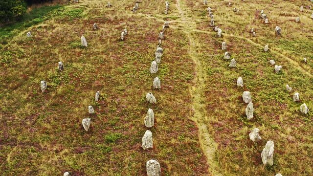 Aerial view of Kerlescan stones. The Carnac stones are the largest collection of megalithic standing stones in the world. Kerlescan is one of the many sites around Carnac with this standing neolithic 