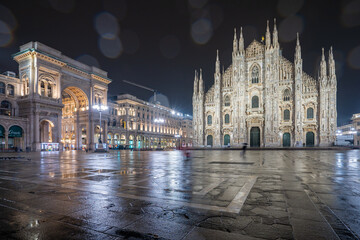 Rainy day with view of Duomo in Milan, Italy