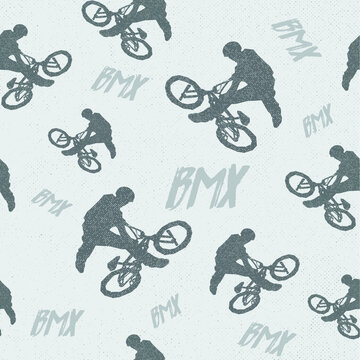 seamless pattern bmx bicycle silhouettes and text vector