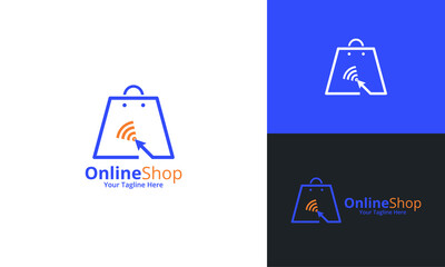 Online Shop Logo designs Template. Illustration vector graphic of shop bag and cursor icon combination logo design concept. Perfect for Ecommerce,sale, discount or store web element. Company emblem.