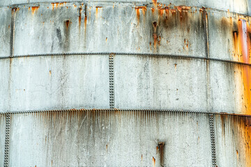 Close up of an old and rusted steel silo wall.