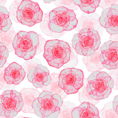 Watercolor seamless pattern with pink roses with transparent petals on a white background. For textiles, Wallpaper, invitations, greetings, wedding design.