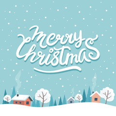 Christmas greeting card with cute landscape and lettering
