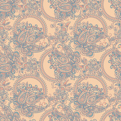 Paisley vector seamless pattern. Fantastic flower, leaves. Batik style painting. Vintage background