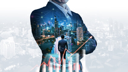 Double exposure business man on futuristic network connect city technology background