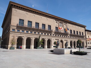Fototapeta na wymiar Marvelous town hall on main market square in european Saragossa city at Aragon district in Spain, clear blue sky in 2019 warm sunny summer day on September.