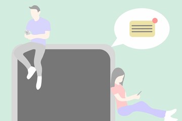 Man and woman using smartphone. Social media, chat, E-mail online concept. Hand drawn character style.